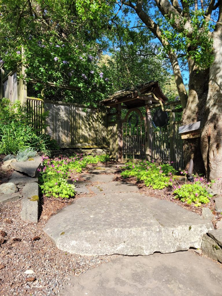 Stone slab path leading to a timber gate in a shade garden